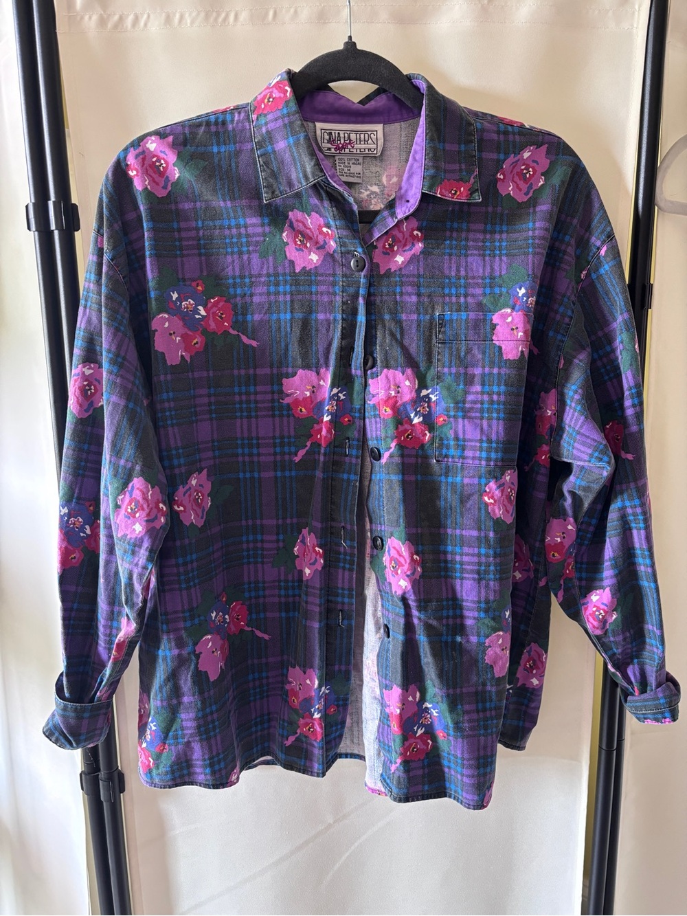 Vintage Gina Peters Floral Plaid Button-Up in Purple & Pink
